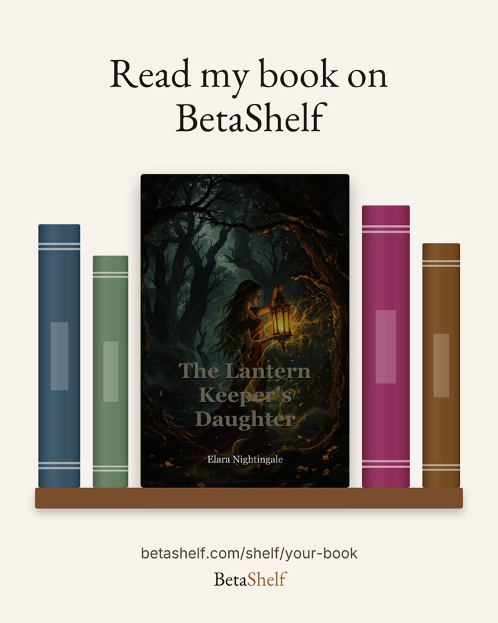 A sample Instagram post: The Lantern Keeper's Daughter face-out on the BetaShelf shelf, captioned Read my book on BetaShelf