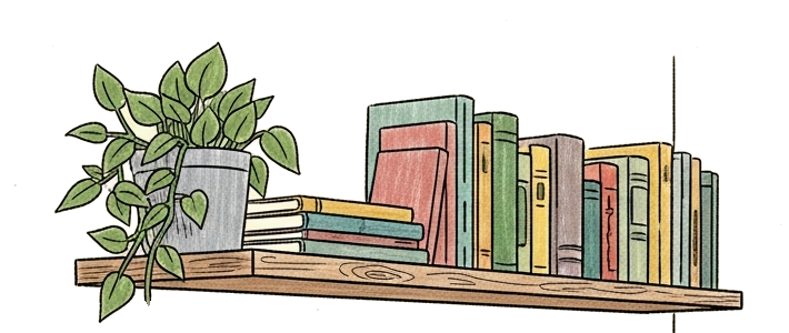 A hand-drawn shelf of books with a trailing plant