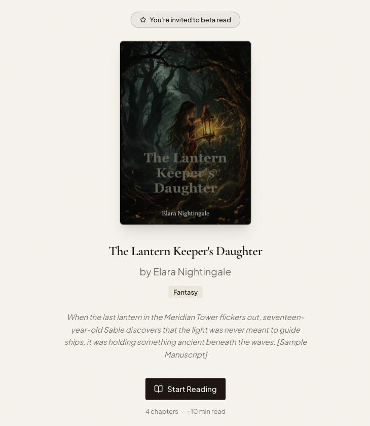 What a beta reader sees when they open a share link: an invitation to beta read, the book cover, and a Start Reading button